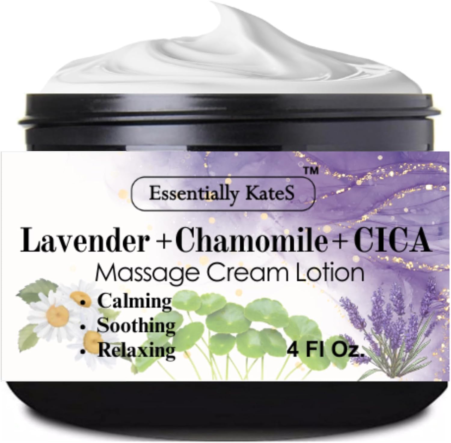 Essentially KateS Lavender + Chamomile + CICA Massage Cream Lotion 4 Fl Oz - Medium Glide - Calming, Soothing, Relaxing, Hydrating.