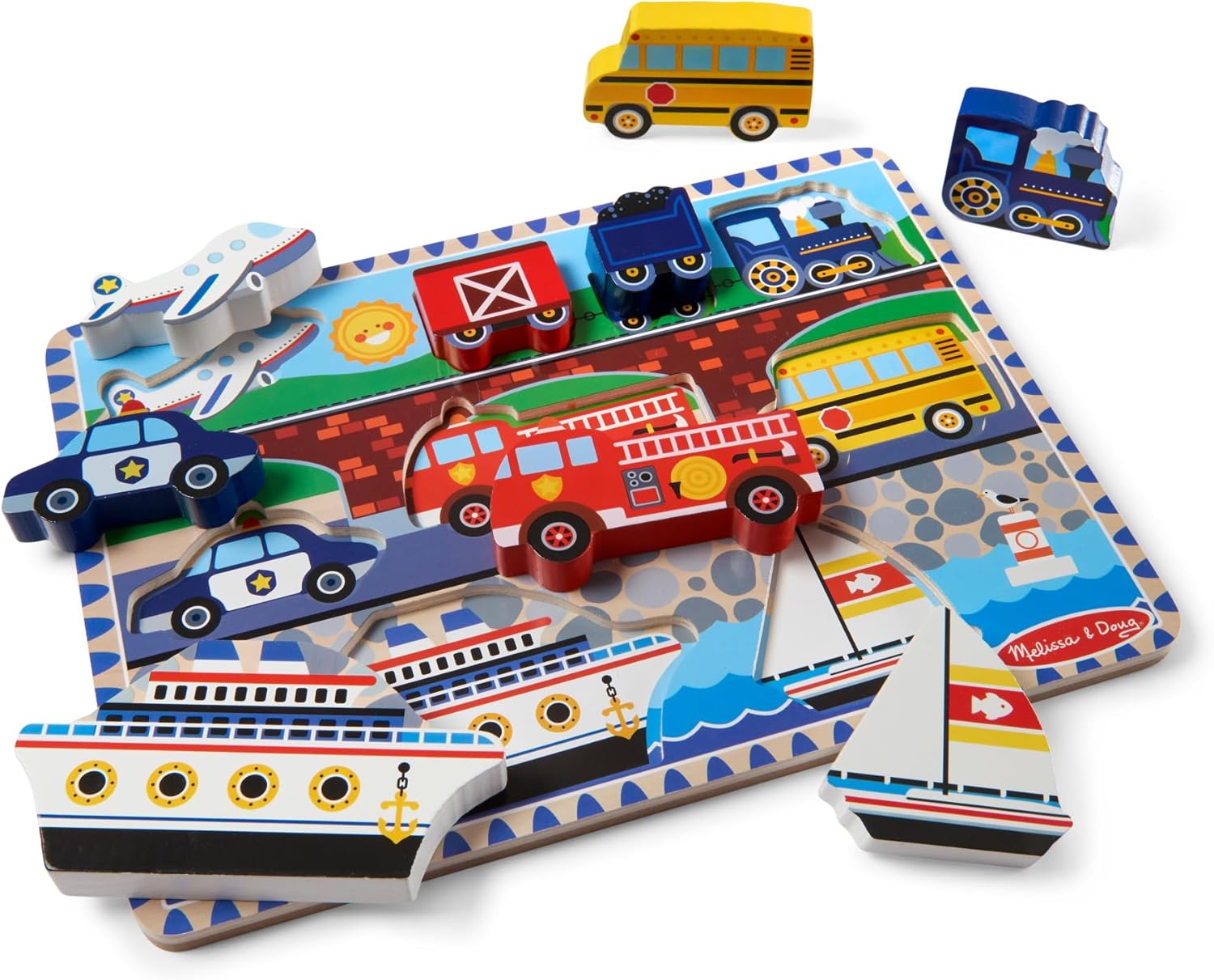Melissa & Doug Vehicles Wooden Chunky Puzzle (9 pcs), Educational Screen Free Activity for Toddler, Preschoolers And Kids Ages 2+- FSC Certified