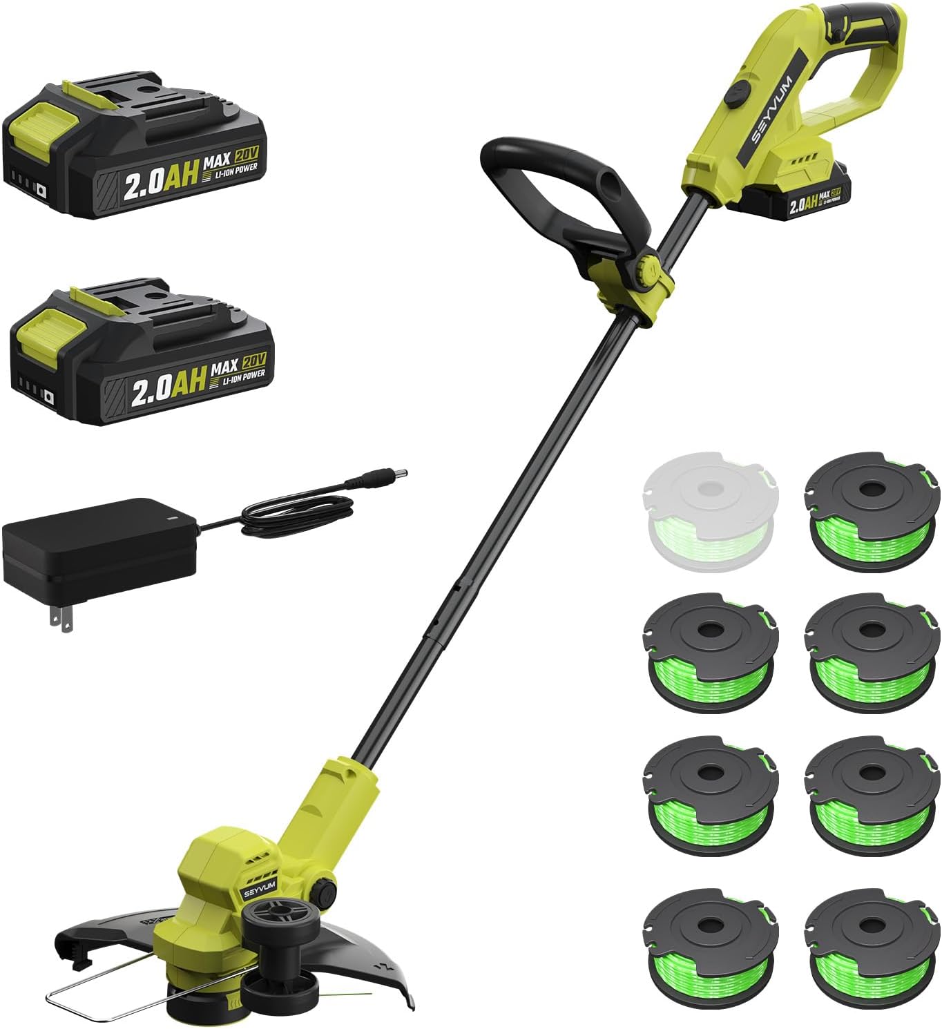 SEYVUM String Trimmer, 20V 12-inch Cordless Weed Wacker with Auto Line Feed, 2 X 2.0Ah Battery Powered Lawn Edger with 8 Pcs Grass Cutter Spool Line, Fast Charger Included, Lemon Green