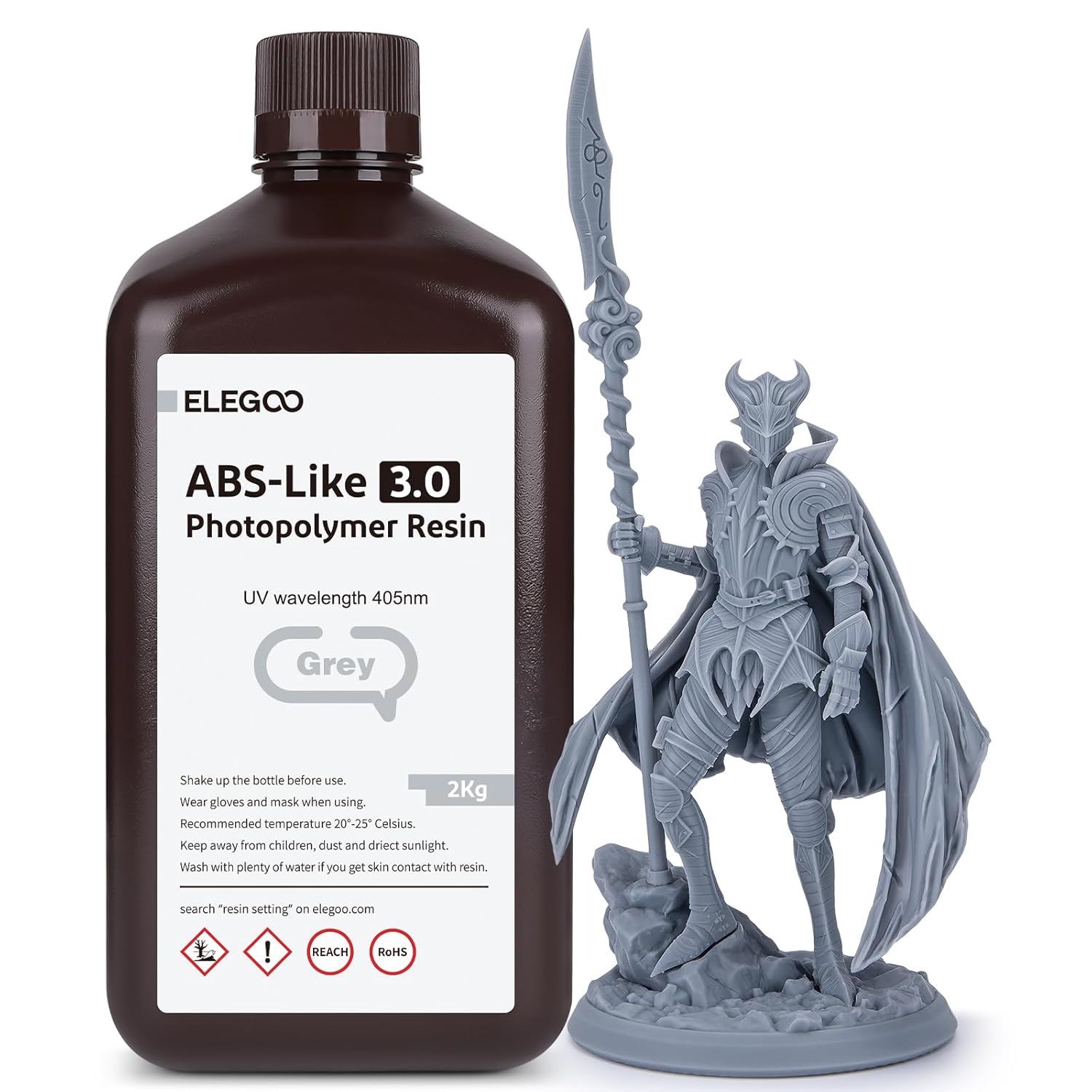 ELEGOO Upgraded ABS-Like Resin 3.0, 405nm UV-Curing 3D Printer Resin with Higher Precision and lower Shrinkage, Enhanced Strength and Toughness Photopolymer Resin for LCD Printer Grey 2KG