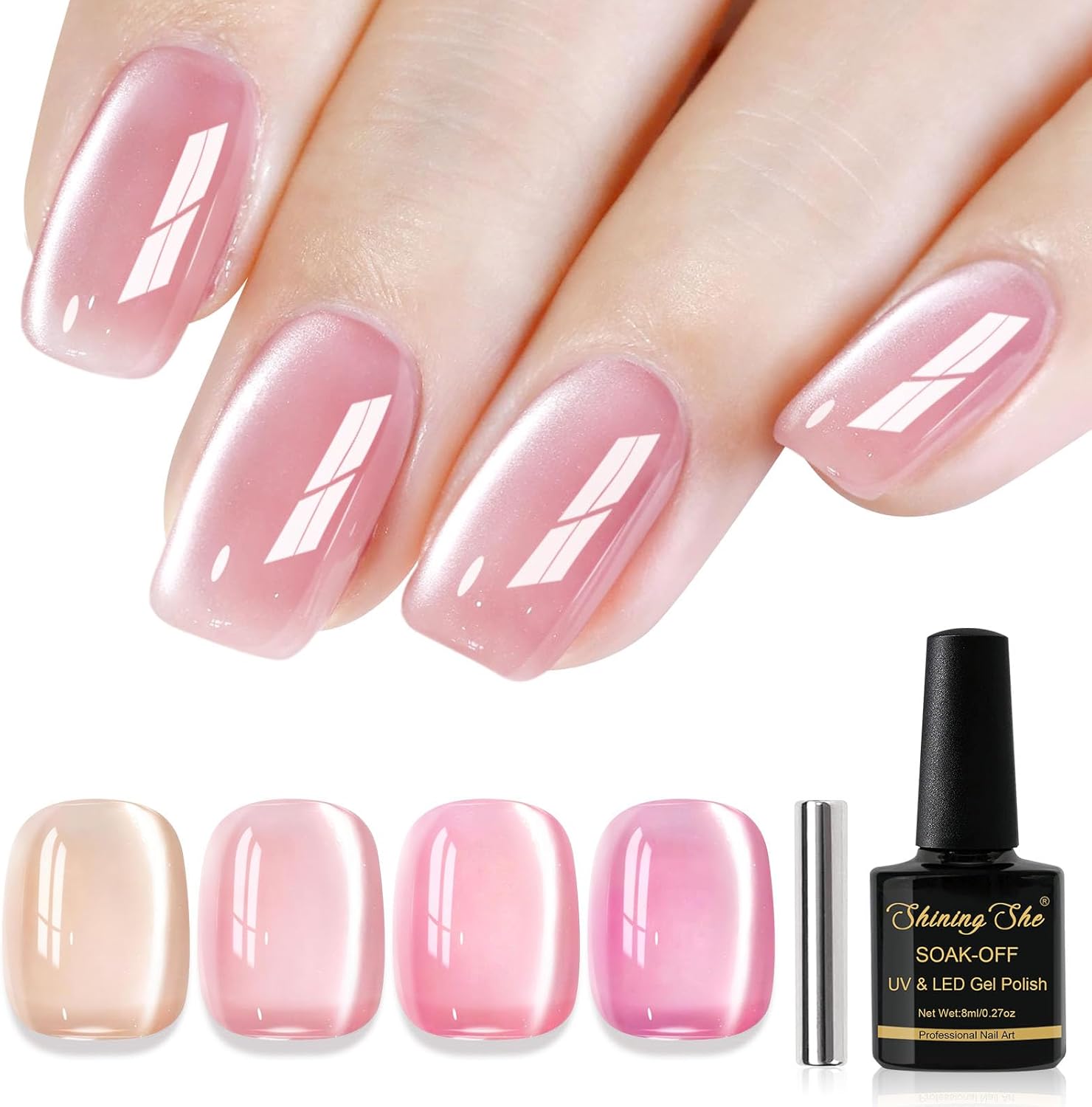 Shining She Gel Nail Polish Magnetic, 4 Colours Nude Pink Shimmer Jelly Glass Crytal Cat Eye Nail Polish with Magnet Soak-Off UV/LED Gel Polish for Nail Art Salon DIY Home, 8 ML
