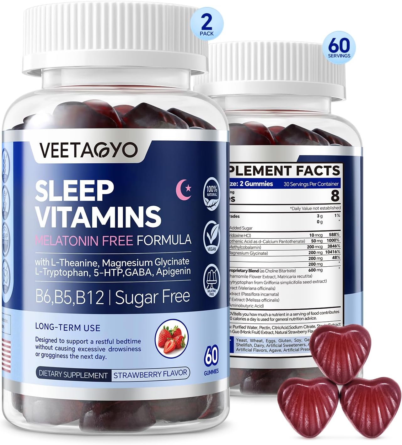 Melatonin Free Sleep Gummmies for Adults & Kids 12+ with L-Theanine,Magnesium Glycinate, L-Tryptophan, 5-HTP,GABA, Apigenin - Sugar Free, Strawberry Flavor, Vegan,120 Count