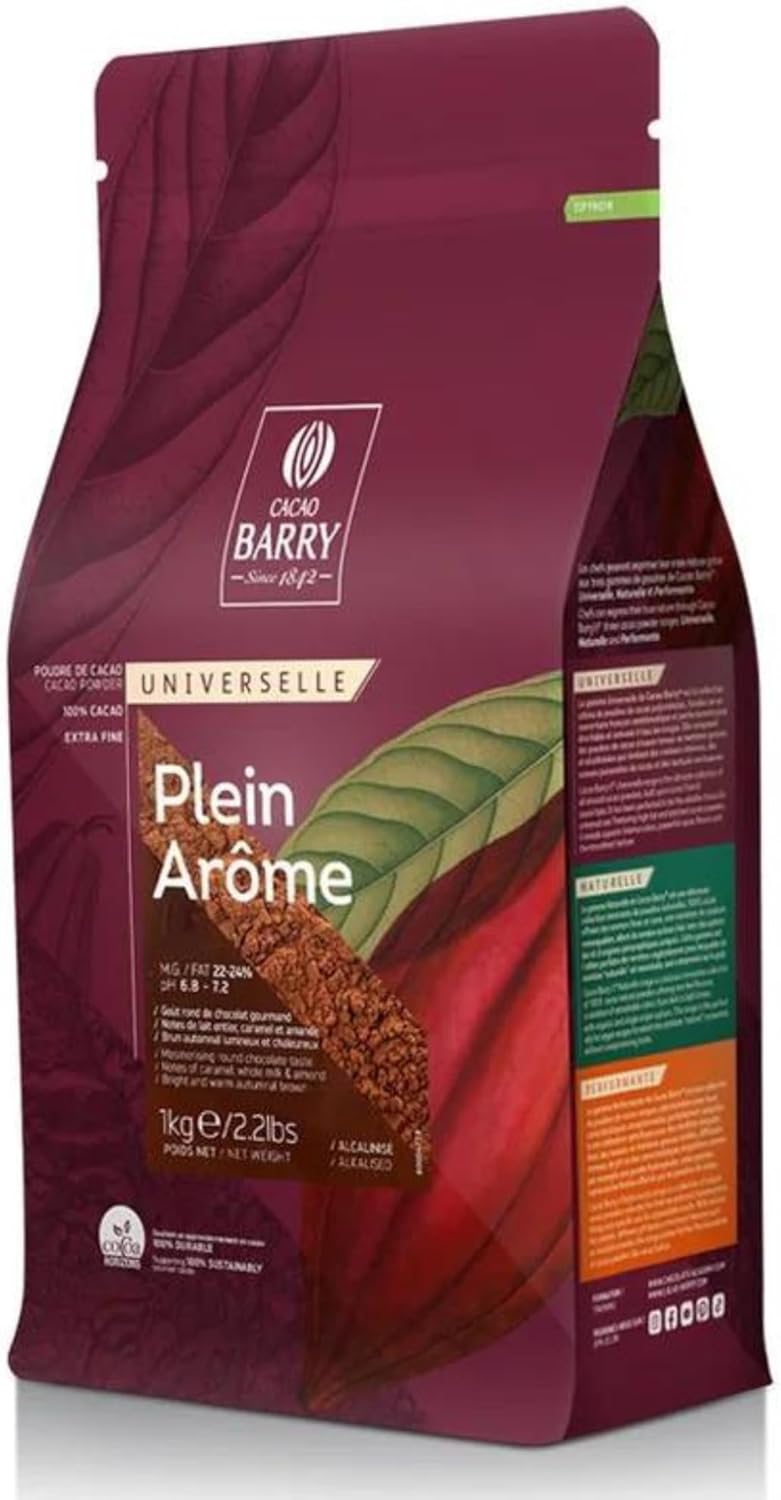 Cacao Barry Plein Arome Cocoa Powder 1kg – Medium Brown Full Flavour Cocoa with Caramel & Almond Notes – Premium West African Beans – Rich Chocolate Taste for Baking, Desserts & Hot Drinks