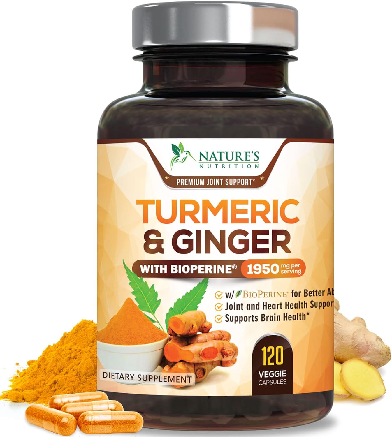Turmeric Curcumin Supplement 1950mg - 95% Curcuminoids with Organic Turmeric & Ginger, BioPerine Black Pepper for Best Absorption, Nature's Vegan Joint Support, Non-GMO, Bottled in USA - 120 Capsules