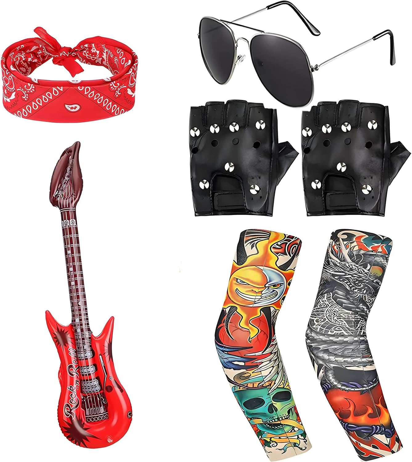 Rock Star Heavy Metal Set,Rock Star Fancy Dress Accessories Kit with Retro Sunglasses Gloves Inflatable Guitar Perfect for kids boys and girls create the ultimate rockstar look