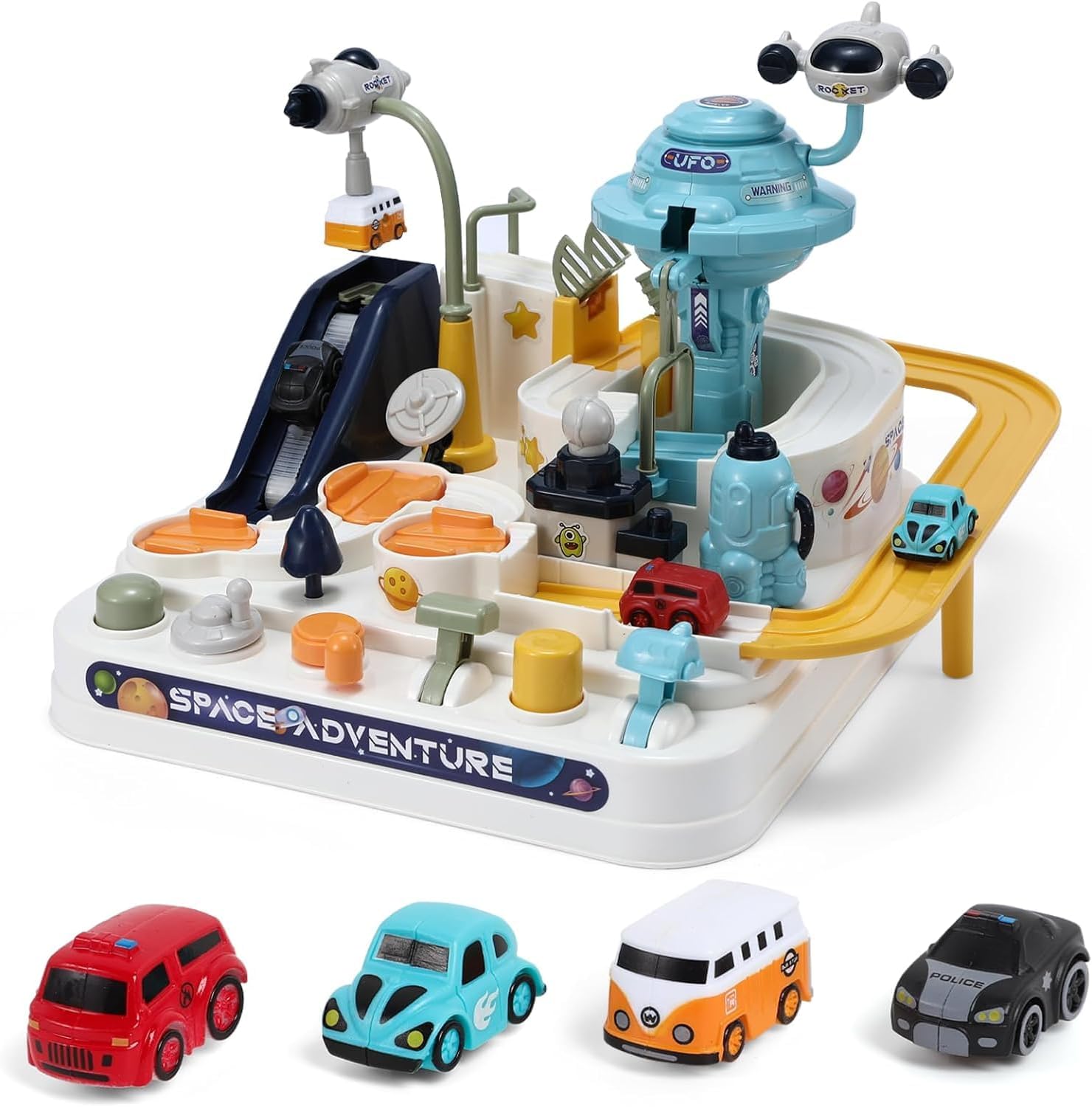 Kids Race Track for Boys and Girls Age 3+, Space City Rescue Playset With 4 Mini Cars, Magnet Toy, Preschool Educational Car Game Gift