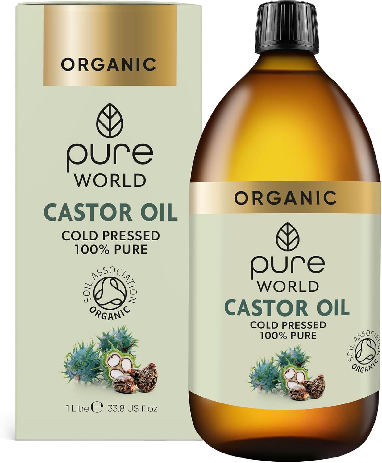 Pure World Natural Organic Castor Oil 1000ml Premium Quality Cold & Fresh Press Glass Bottle Hexane Free for Hair, Skin - Ideal for Moisturizing, Conditioning, and Eyelashes & Eyebrows- Food Grade