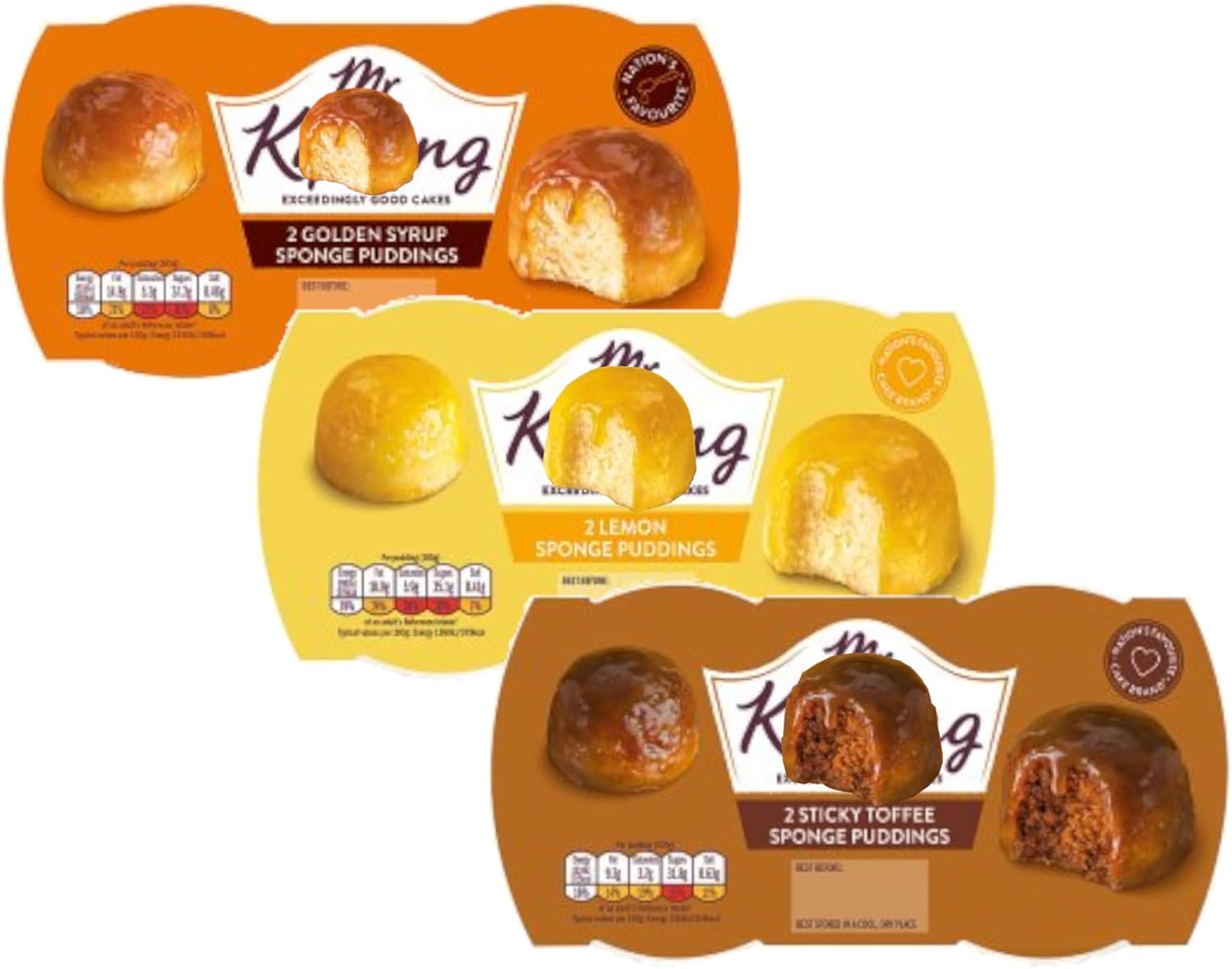 Mr Kipling Steamed Sponge Puddings - 3 Delicious Flavours - Sticky Lemon, Golden Syrup and Sticky Toffee - Microwaveable - 6 Puddings (3 Packs of 2-180g Each)