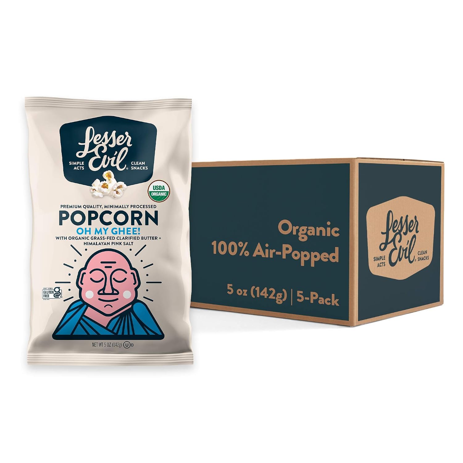 LesserEvil Oh My Ghee! Organic Popcorn, No Artificial Ingredients, Coconut Oil, Pack of 5, 5 oz Bags