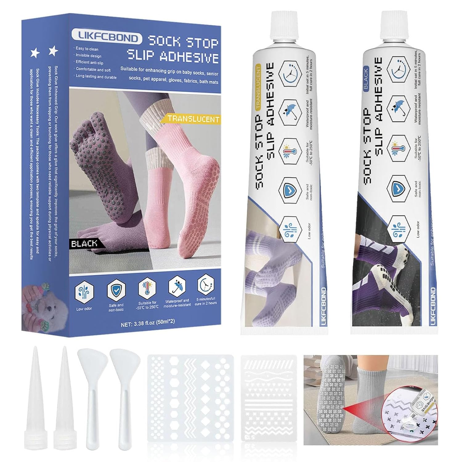 Anti Slip Sock Glue, 3.38 floz Sock Stop Glue, Transparent Washable Fabric Paint Soft Non-Slip Adhesive for Socks, Pet Socks, Floor Mats, Blankets (Clear & Black)