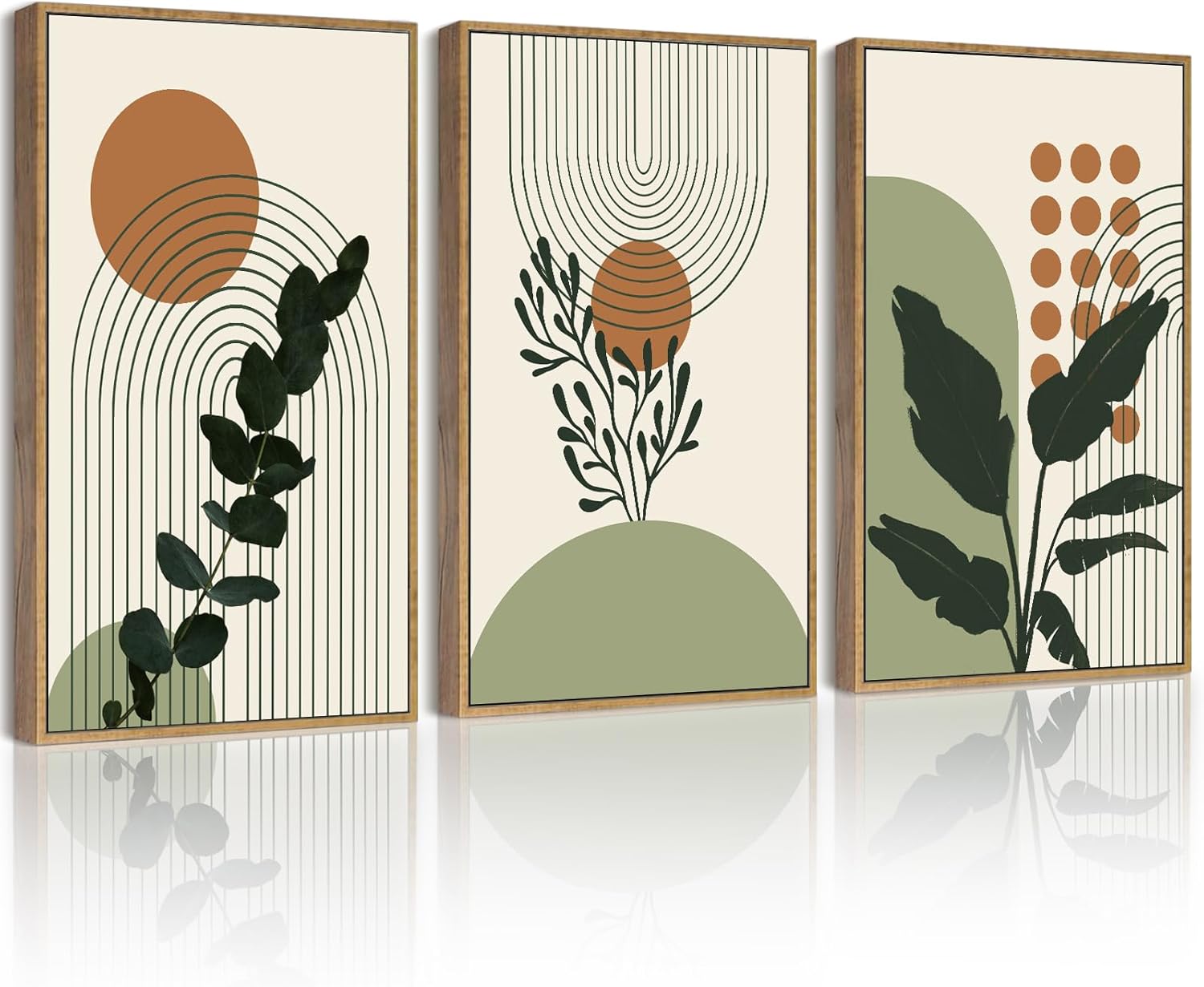 PHOPAGO Boho Plant Wall Art Green Botanical Bohemain Framed Wall Printing 11x14in Abstract Canvas Prints with Leaf & Sun Lines - Natural Framed