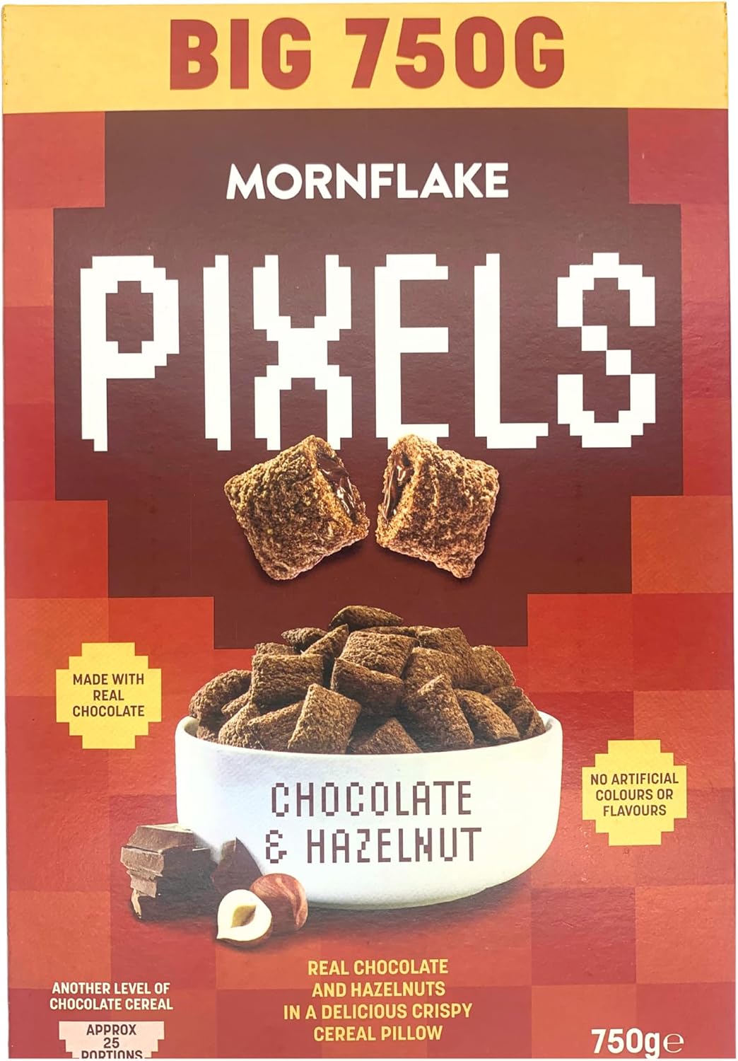 Mornflake - Pixels Hazelnut & Chocolate Cereal Crispy Breakfast Cereal Pillows 1x 750g Vegetarian Chocolate Cereal. Wheat Pillows Filled With Real Chocolate and Hazelnut Filling