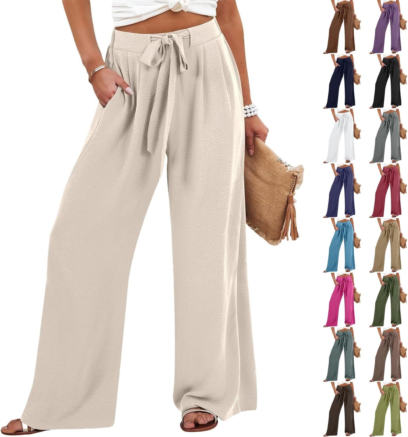 Linen Trousers Womens Palazzo Pants UK Dressy Wide Leg Tie Knot Loose Flowy Summer Beach Trouser Casual Plus Size Drawstring Waist Lightweight Slacks with Pockets Ladies Office Business Workwear