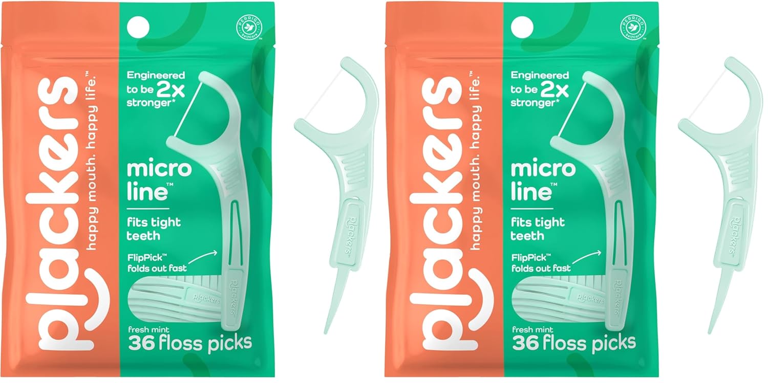 Plackers Micro Line Dental Floss Picks, Fold-Out FlipPick, Tuffloss, Easy Storage with Sure-Zip Seal, Fresh Mint Flavor, 36 Count (Packaging May Vary) (Pack of 2)