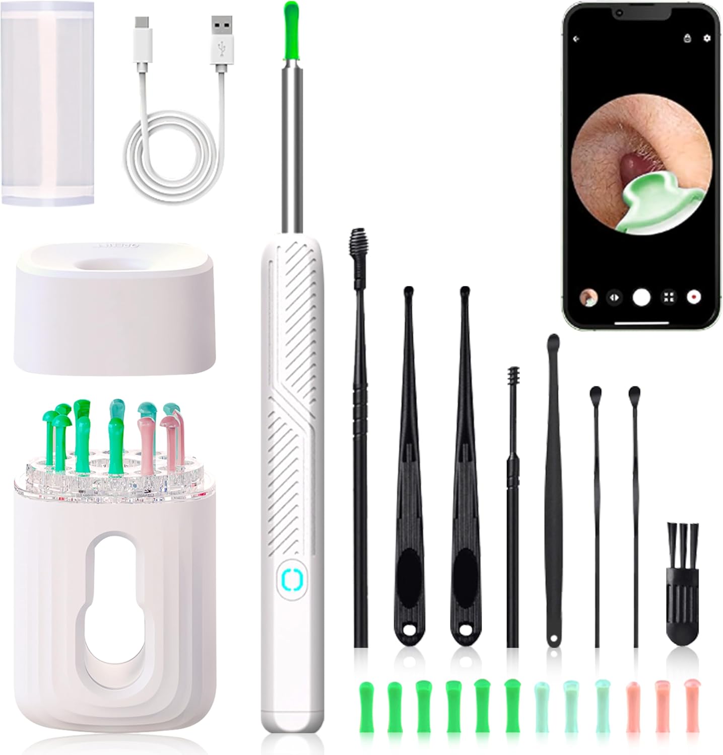 Ear Wax Removal Tool - Wireless Ear Cleaner Kit with 1080 HD Camera and Storage Case, Rechargeable Earwax Remover with 12 Ear Picks, Ear Wax Removal Kit with 8 Replacement Tips (White)