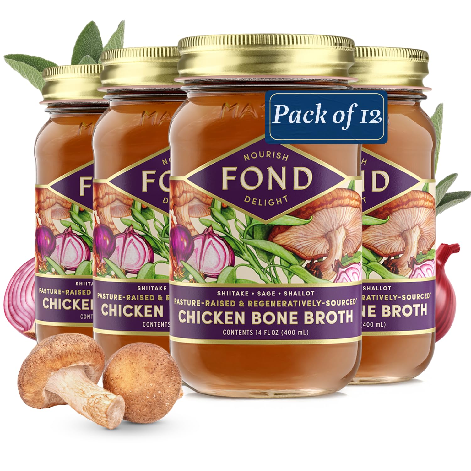 FOND Regenerative Pasture-Raised Chicken Bone Broth Infused with Organic Shiitake & Sage – Slow-Simmered Chicken Broth for Rich and Nourishing Flavor, Nutrient-Dense, Artisan Quality – 14 oz (12-Pack)