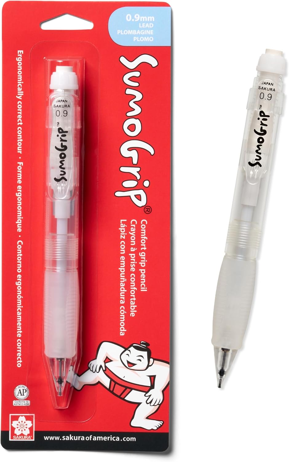 SAKURA SumoGrip Pencil with Comfort Grip - 0.9 mm Ergonomic Mechanical Pencil - Clear