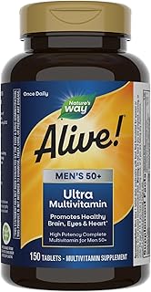 Nature's Way Alive! Men’s 50+ Daily Ultra Multivitamin, High Potency Formula, Supports Healthy Brain, Eyes & Heart*, with Methlyated B12, Gluten-Free, 150 Tablets (Packaging May Vary)
