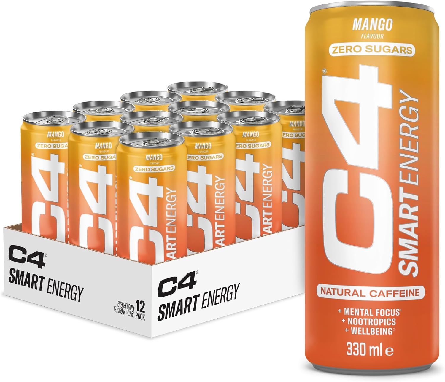 C4 Smart Energy Drinks Mango 330ml (12 pack) | Sugar Free Energy Drink with 106mg Natural Caffeine, Brainberry, Nootropics, Vitamin C | Natural Energy Drink for Mental Focus On the Go