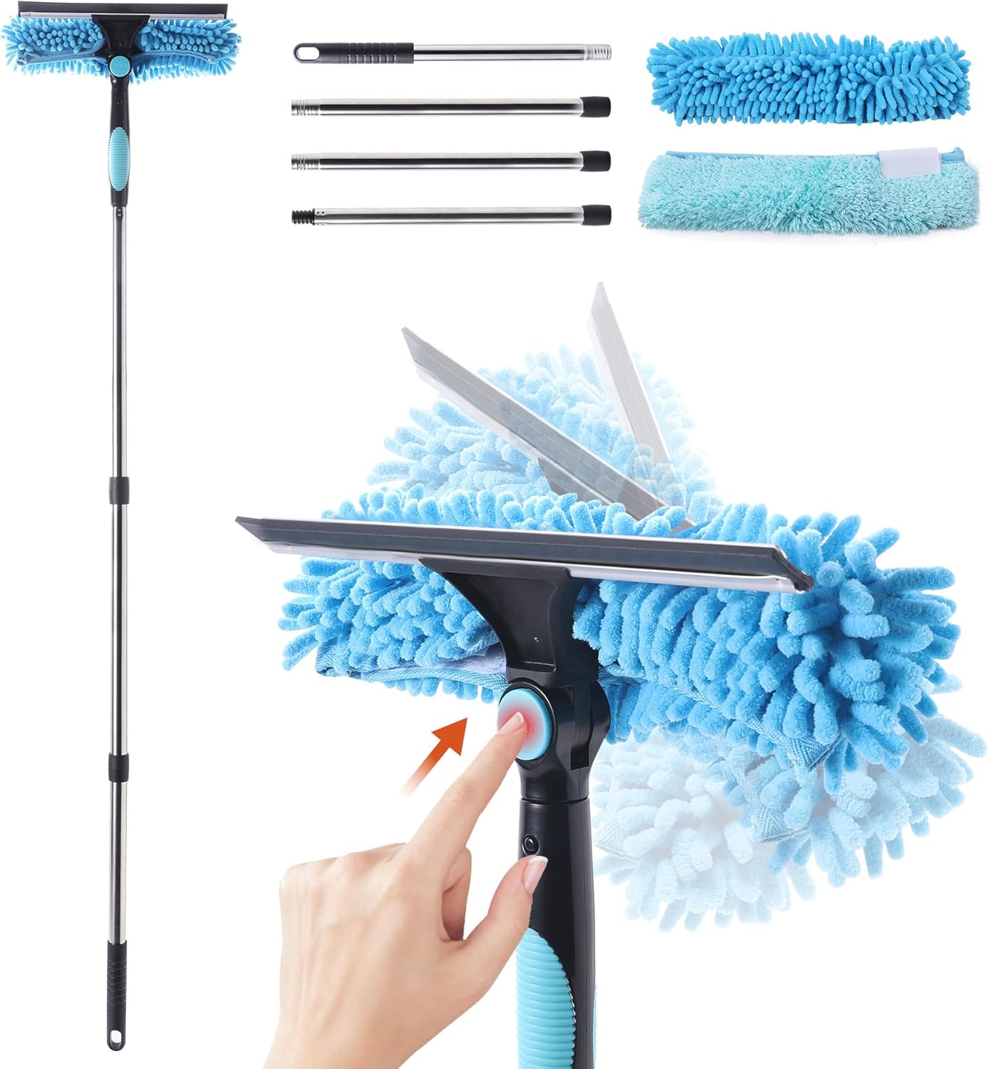 CLEANHOME Window Cleaning Equipment,2-in-1 Squeegee & Cleaning Cloths for high windows, ceilings, car windows cleaning, Segmented Threaded Irons - Adjustable up to 64.96in, 180° Swivelling Panel
