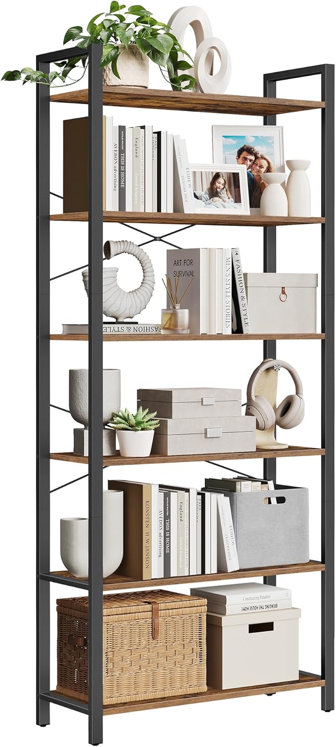 VASAGLE 6-Tier Bookshelf, Bookcase, Shelving Unit, for Office, Study, Living Room, Bedroom, 30 x 80 x 186 cm, Industrial, Rustic Brown and Ink Black LLS082B01