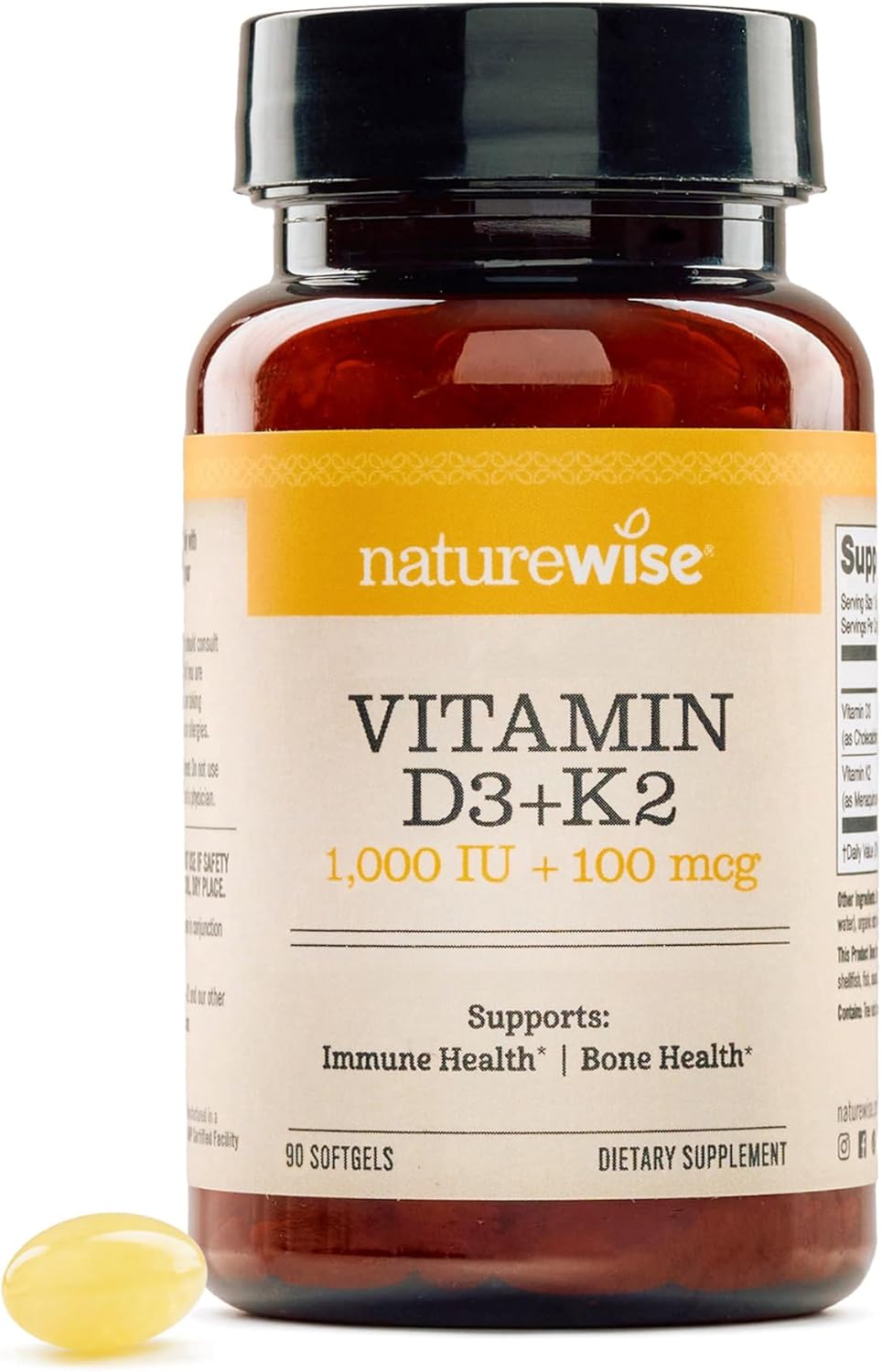 NatureWise Vitamin D3 1000IU + K2 MK-7 100mcg Supplement, 90 Softgels