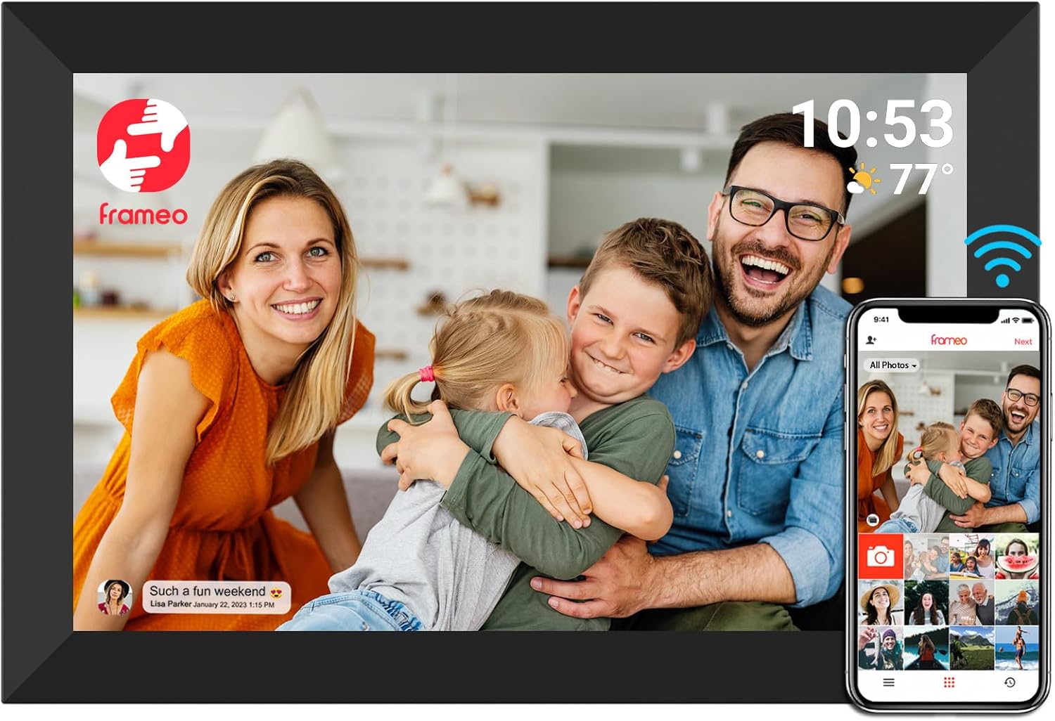 FRAMEO Digital Photo Frame WiFi 32GB 10.1 Inch 1280x800 IPS Touch Screen Digital Picture Frame Easy Setup Share Photo or Video via Frameo APP