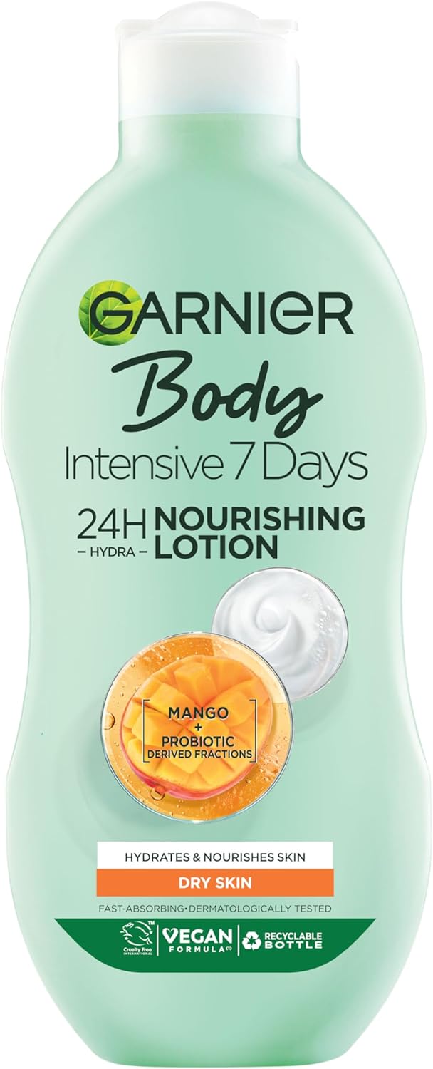 Garnier Body Lotion, Intensive 7 Days Mango Oil & Probiotic Extract Moisturiser 400ml, Softening and Smoothing Moisturiser, Up to 7 Days Hydration, For Dry Skin, Fast Absorbing & Non Greasy