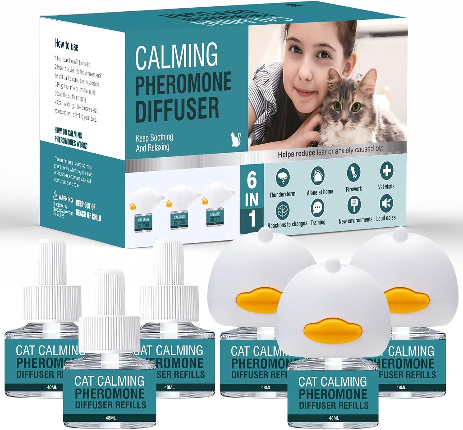 Cat Calming Diffuser 6 in 1 Multicat Calming Pheromones Diffusers Relief Stress Anxiety Fighting Scratching 90 Days Calm Relaxing Pheromone for Cats kit 48ml Refill Fits All Common Diffuser Plug In