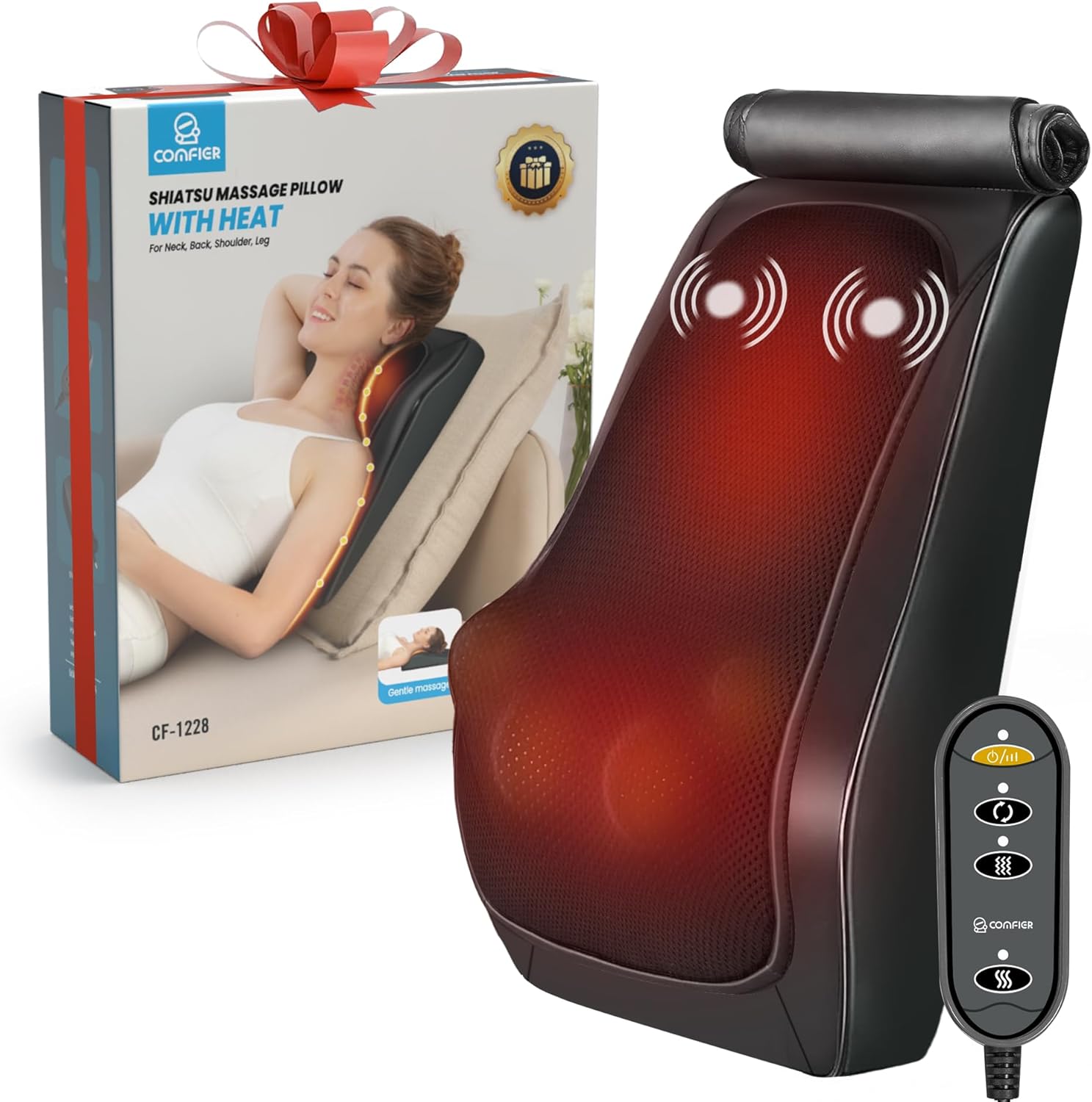 COMFIER Back Neck Massager with Heat, Shiatsu Lower Back Massager for Pain,4D Deep Tissue Electric Massage Pillow for Office Home Use, Gifts for Women Men