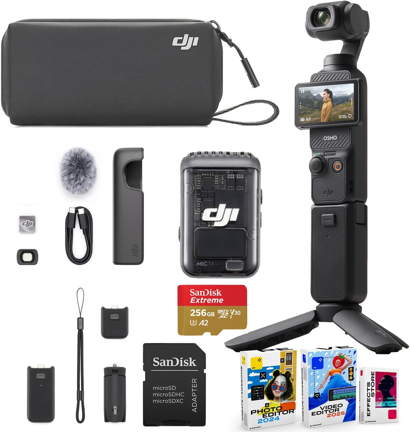 DJI Osmo Pocket 3 Creator Combo Bundle with Clip-On Transmitter/Recorder, Wide Angle Lens, Battery Handle, Mini Tripod, Carrying Bag + 256GB Micro SD Card, Photo/Video Editor Software Package