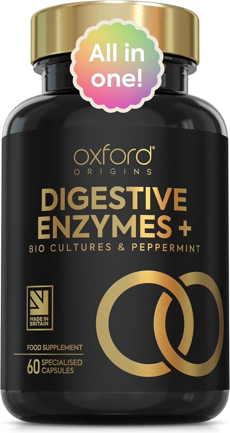 Oxford Origins 10-in-1 Digestive Enzyme Supplements | Made in The UK | Probiotics & Peppermint Oil for Gut Health, Bloating Relief and Belly Reduction | One Vegan Capsule per Meal | 60 Capsules