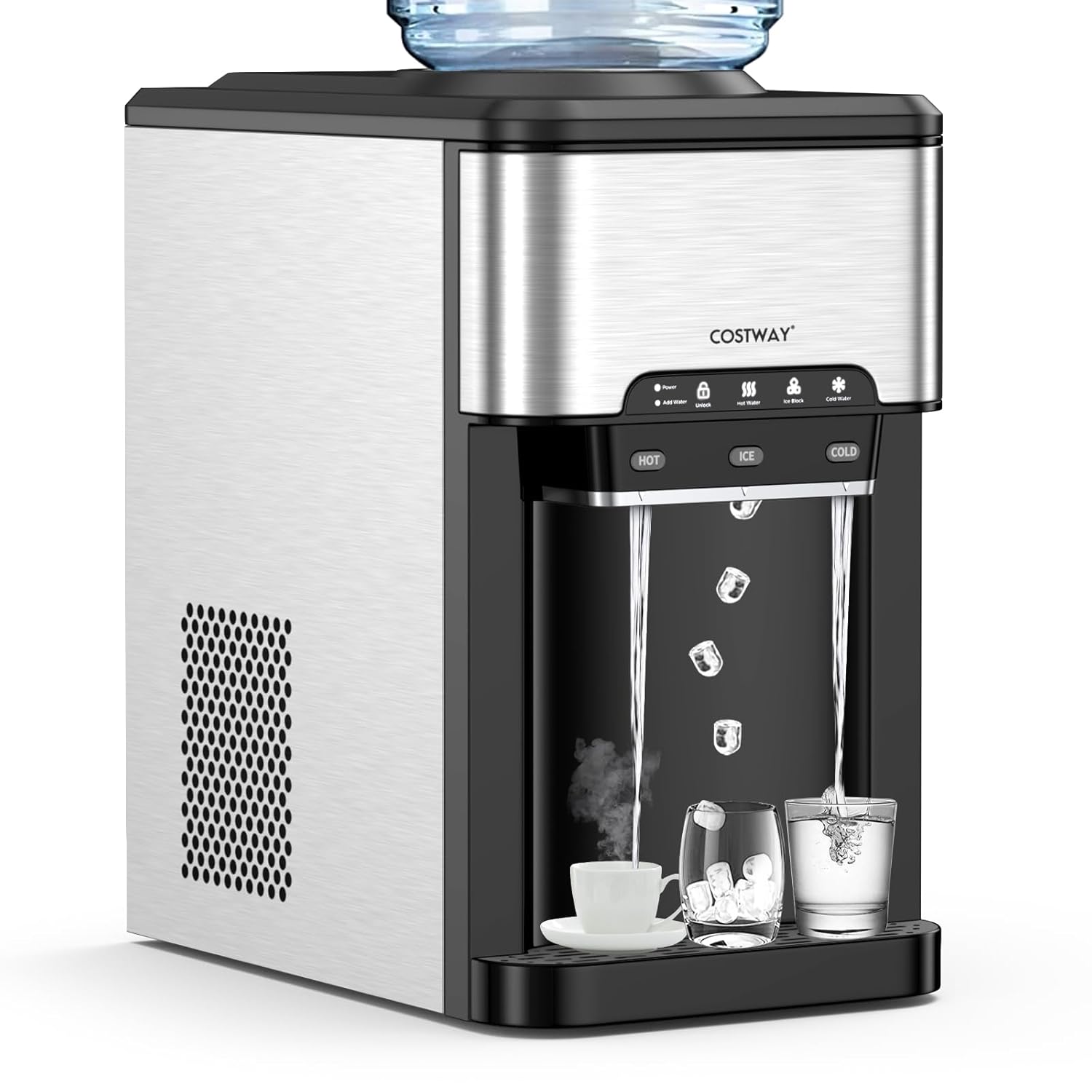 COSTWAY Countertop Water Dispenser with Ice Maker, 3-in-1 Portable Hot Cold Dispenser with 48LBS/24H Ice Machine, Child Safety Lock for 3-5 Gallon Bottle
