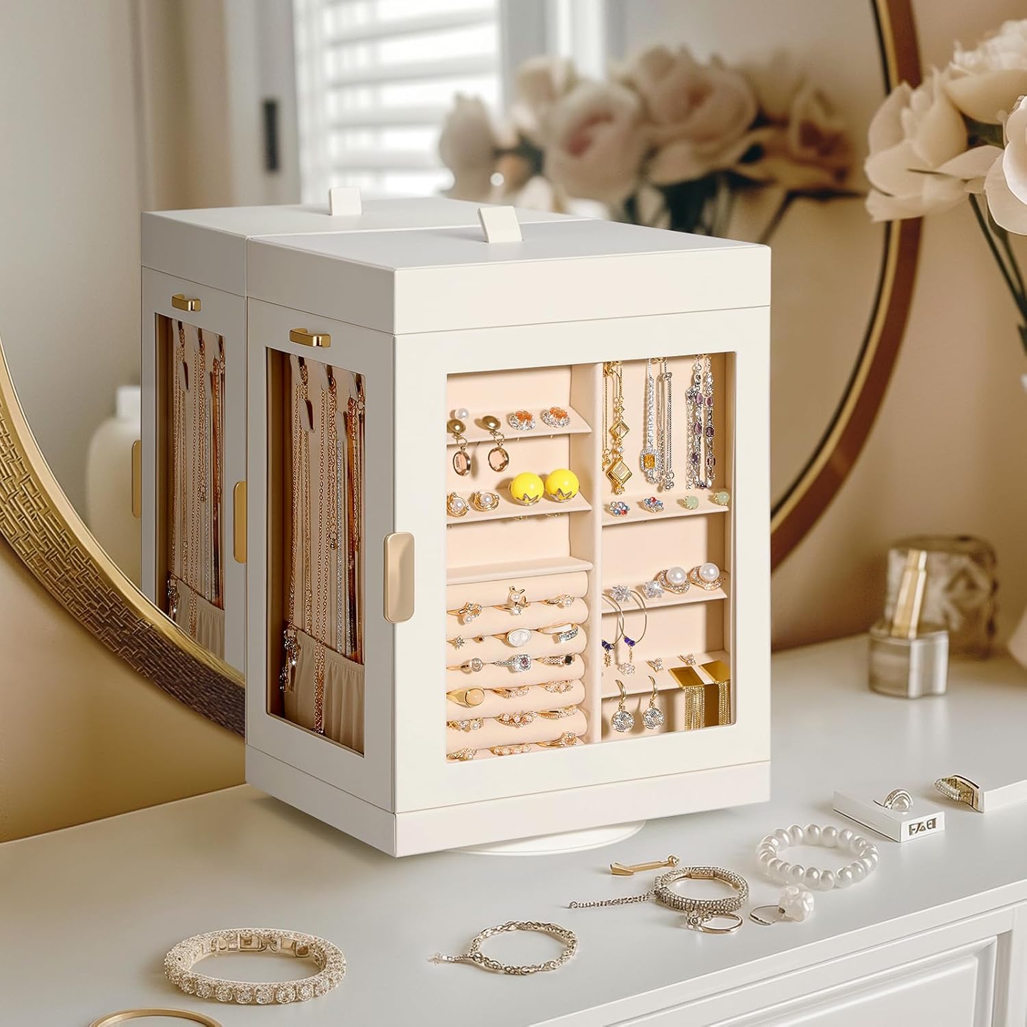 Rotating Jewelry Organizers and Storage, Vertical Jewelry Boxes for Women, Large Jewelry Box, Cream White