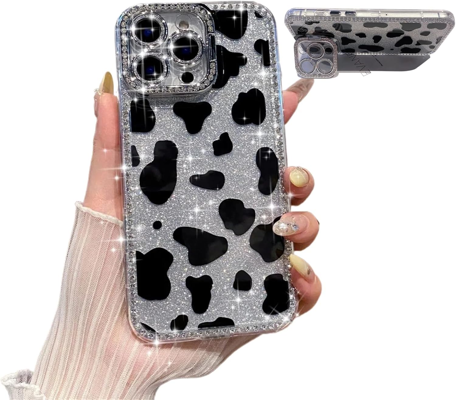 for iPhone 16 pro max Case Glitter Camera Lens Protector Phone Case for Women Girls Aesthetic Design TPU Shockproof Protective Case (Cow)