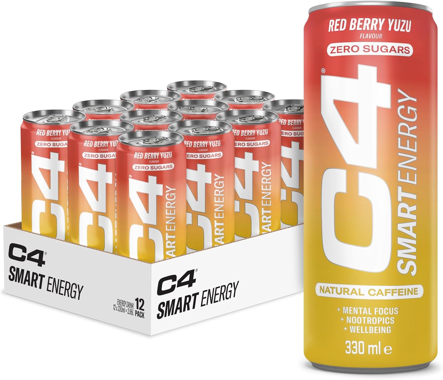 C4 Smart Energy Drinks Red Berry Yuzu 330ml (12 pack) | Sugar Free Energy Drink with 106mg Natural Caffeine, Brainberry, Nootropics, Vitamin C | Natural Energy Drink for Mental Focus On the Go