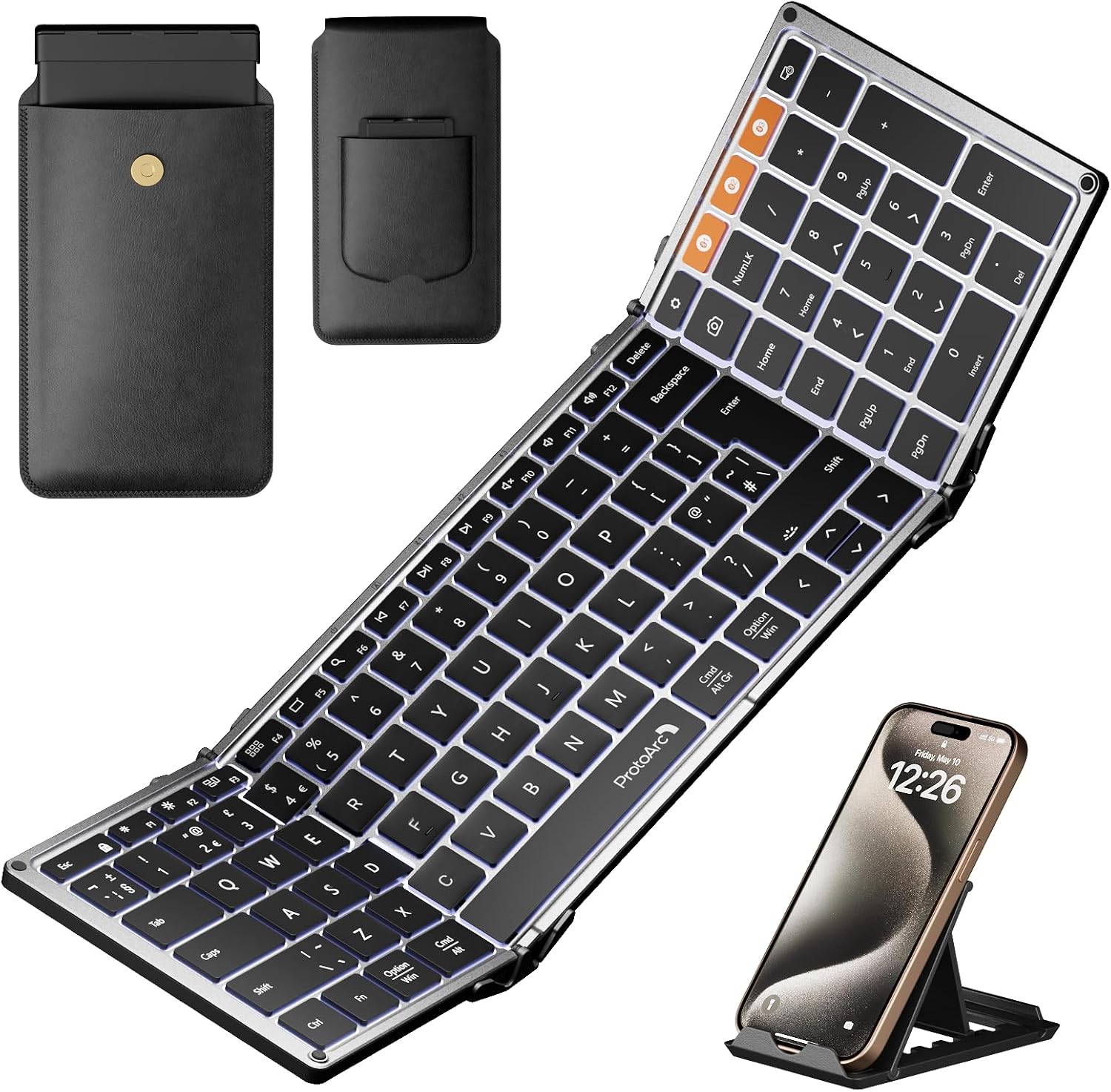 ProtoArc XK01 Plus Foldable Bluetooth Keyboard - Full Size Wireless Keyboard with Backlight for iPad, Surface, Tablet, Smartphone, Laptop, PC