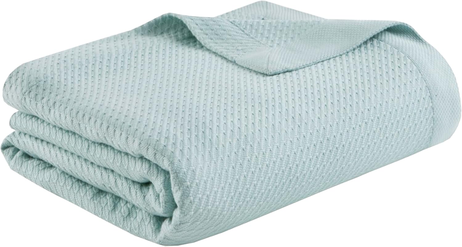 Madison Park 100% Egyptian Cotton Lightweight Summer Blanket, Breathable Waffle Knit Design, Soft Cozy All-Season Throw for Bed, Couch or Sofa, Light Blue King Size (108"x90")