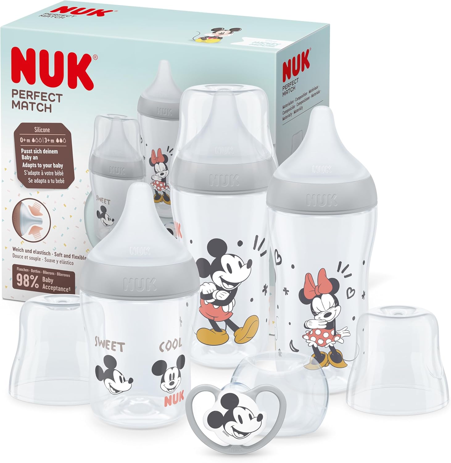 NUK Perfect Match Baby Bottles Set | 0-6+ Months | Adapts to Baby's Palate | 3 x Anti Colic Baby Bottles & Space Soother | BPA-Free | Disney Mickey Mouse | 4 Count