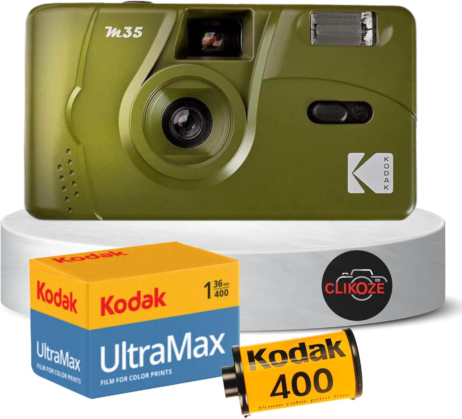 Reusable Film Camera Bundle includes Kodak M35 35mm Film Camera, Kodak 35mm film 36 exposures and Clikoze Tips Card (Olive)
