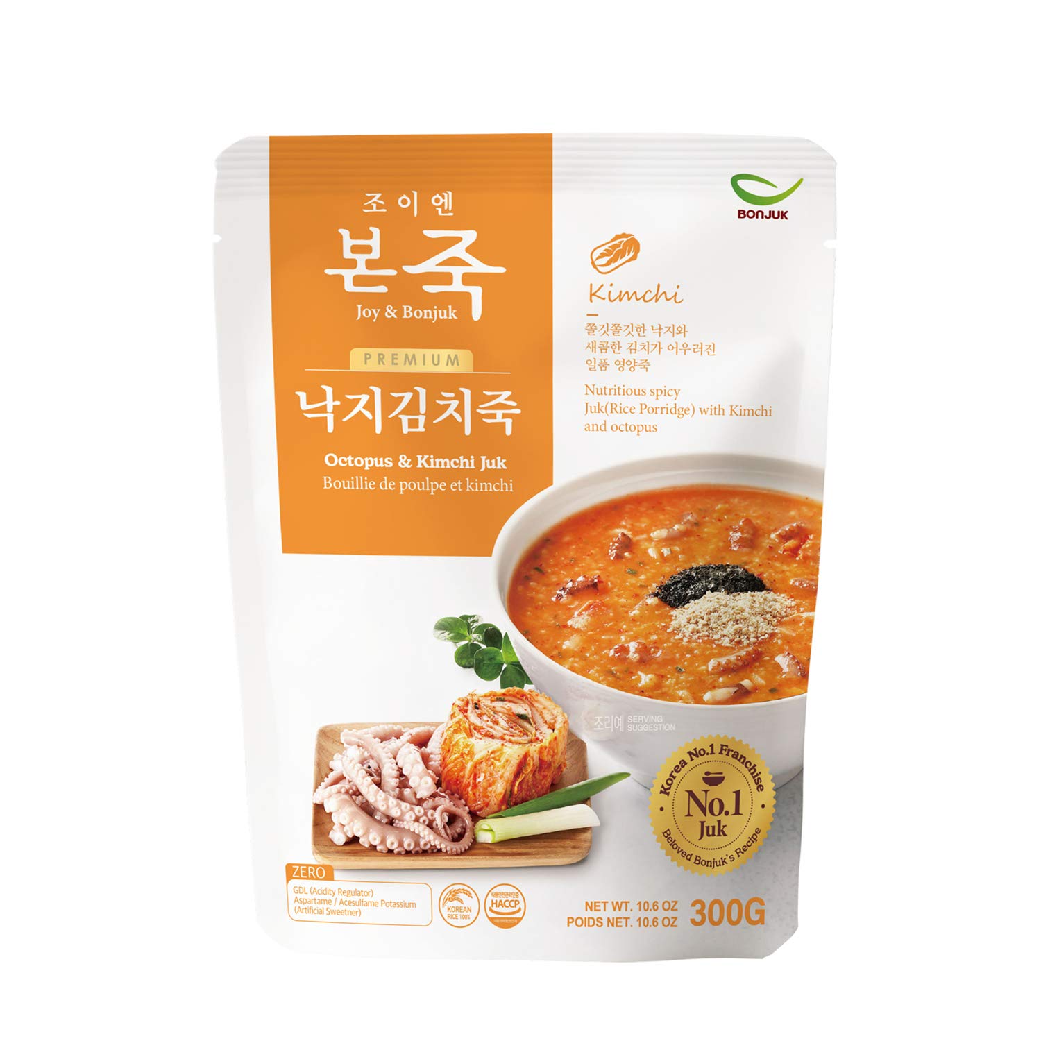 BONJUK Octopus & Kimchi (Juk) Porridge - Korean soup stew Kfood, Hearty Breakfast Oat Meal – 10.6oz(300g), pouch type