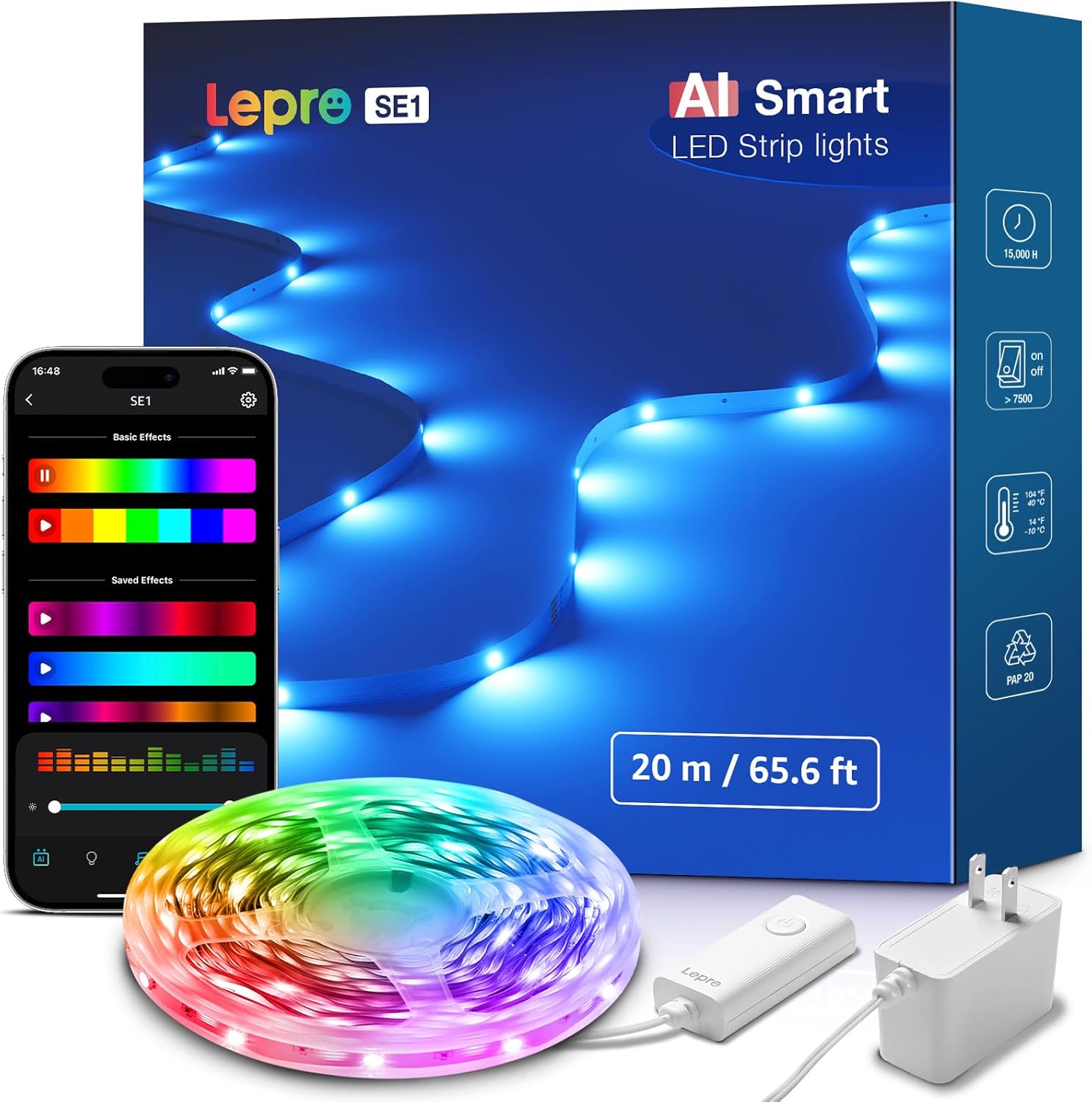 Lepro SE1 AI Smart LED Strip Lights - 65.6ft RGB Color Changing Light Strips with APP Control, AI Generated Lighting, Music Sync, 2.4GHz Wi-Fi & Bluetooth LED Lights for Home Decor (No Remote)