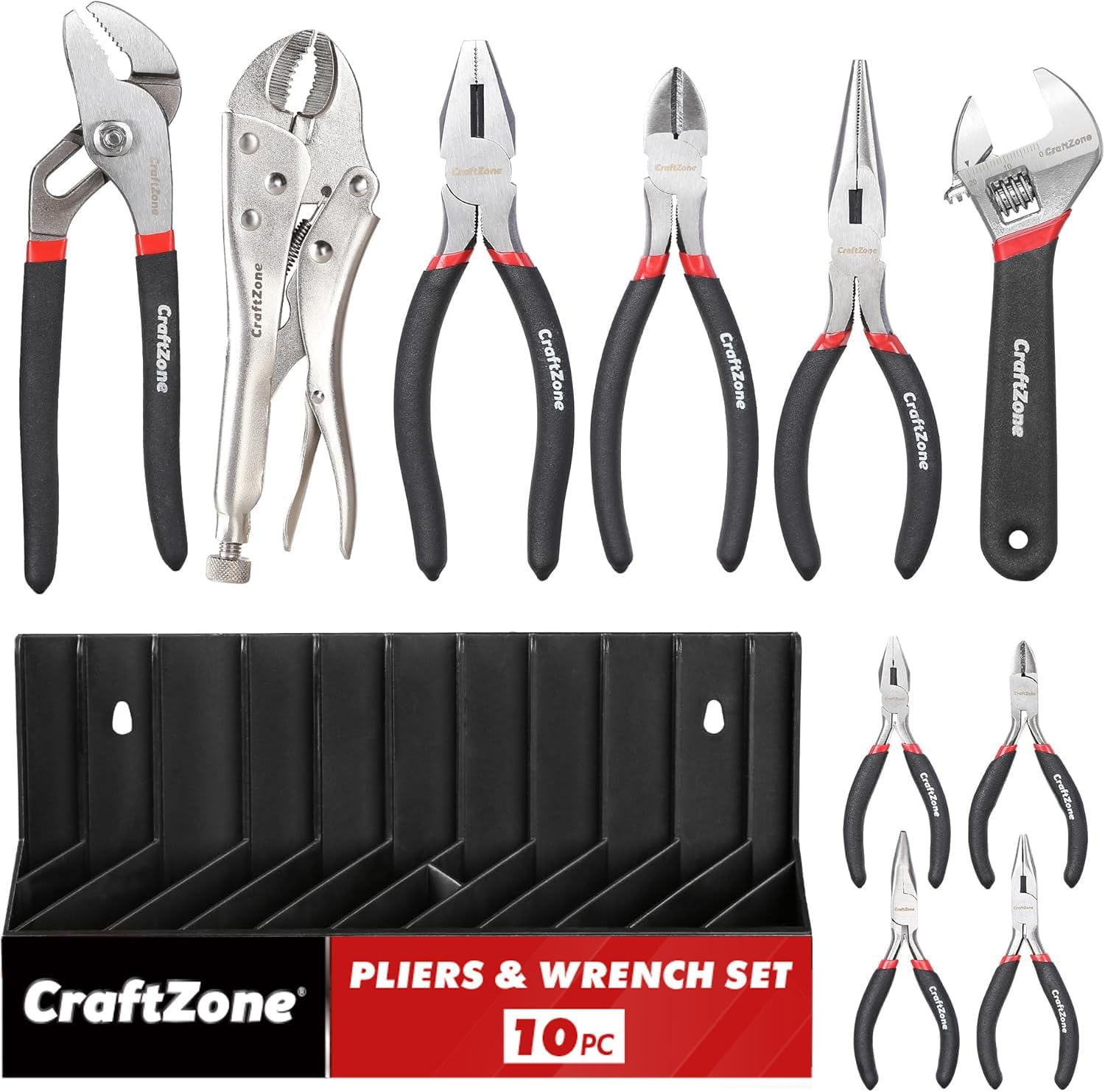 10PC Pliers and Wrench Set with Storage Rack – Includes Channel Lock | Long Needle Nose | Diagonal Cutter | Groove Joint | Linesman & Mini Plier, Carbon Steel Tool Kit for DIY and Home a Gift for Man