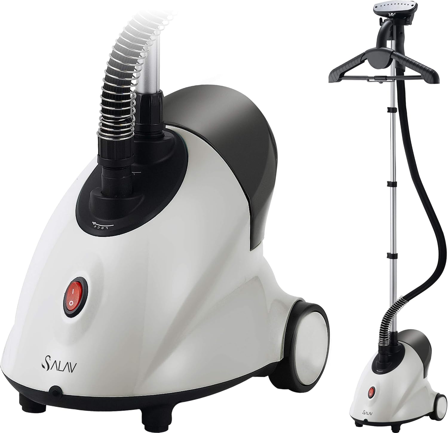 SALAV® GS18-DJ Standing Garment Steamer with Roll Wheels for Easy Movement, 1.8L Water Tank for 1 Hour Continuous Steaming, Adjustable Pole for Storage, 1500 watts, Includes Descaler Packet, White