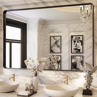 ISKM Black Framed Mirror for Bathroom 55" x 36" Matte Black Bathroom Vanity Mirror Anti-Rust, Tempered Glass, Rounded Rectangle Mirror(Horizontal/Vertical)