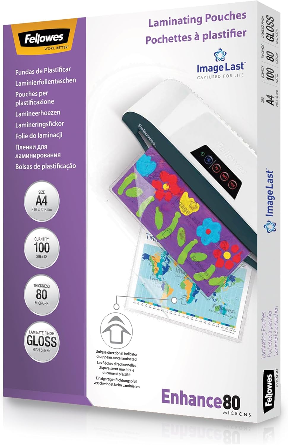 Fellowes A4 Laminating Pouches, Gloss, 160 Micron (2 x 80 Micron) with Image Last Directional Quality Mark, Pack of 100, Transparent