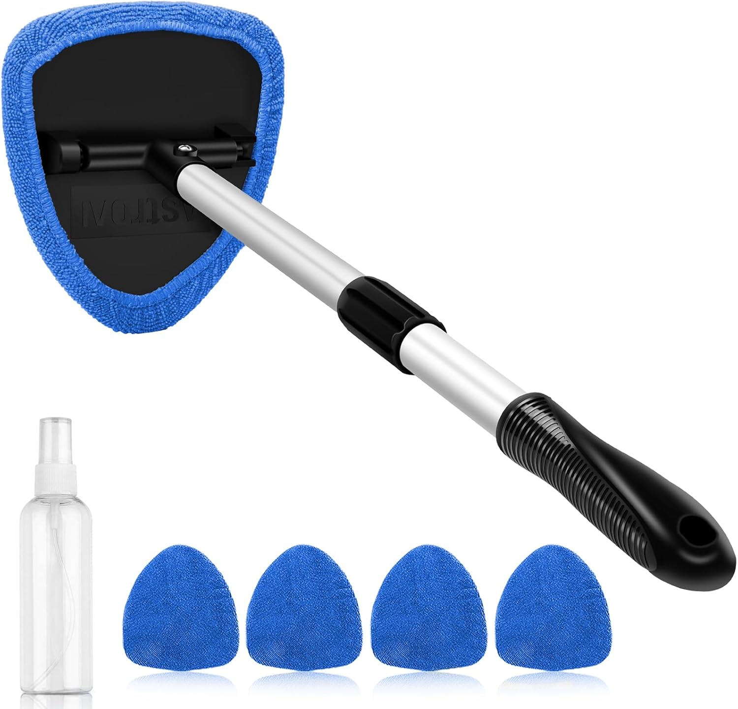 AstroAI Windshield Cleaner Tool, Car Interior Detailing Cleaning Kit with Extendable Handle and 4 Reusable Microfiber Pads, Auto Glass Wiper Brush Kit for Cars, Blue，15.9in-21in