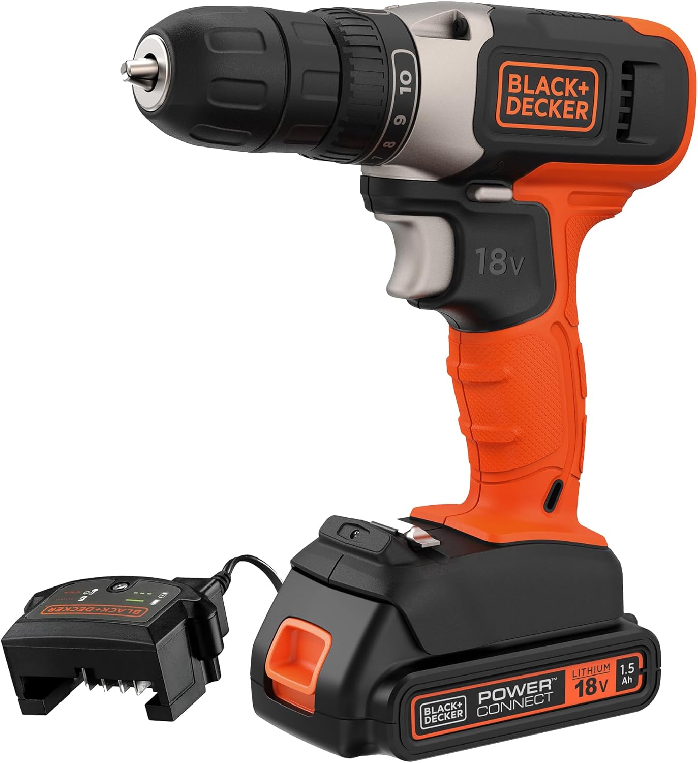 BLACK+DECKER 18V Cordless 37Nm Torque Drill Driver with LED Worklight, 1.5Ah Battery & Charger, BCD001C1-GB