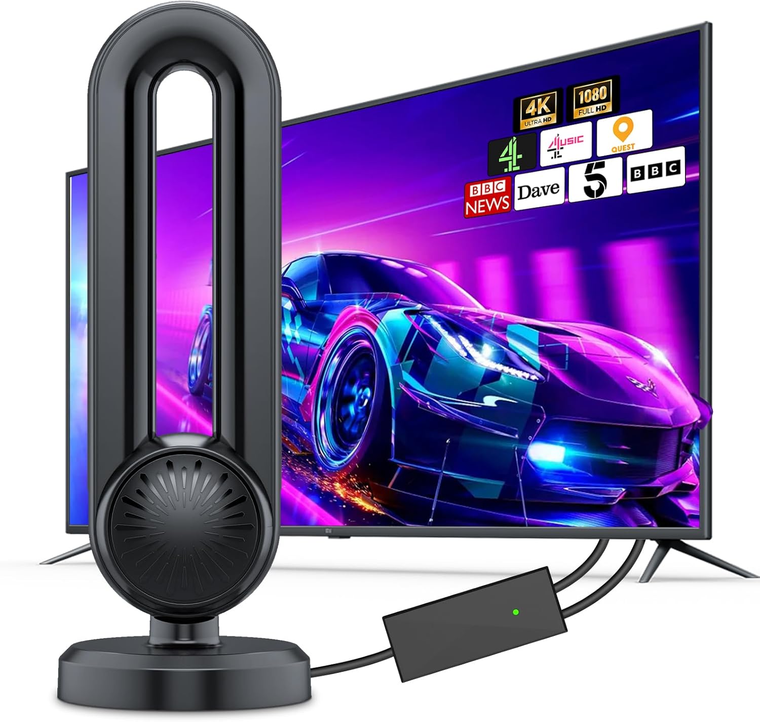 Indoor TV Aerial, 2025 Smart TV ariels indoor with Signal Booster 560+ Miles Range Reception, Freeview aerial for smart TV 4K 1080P HD Local Channels and All Older television-18ft Aerial Cable