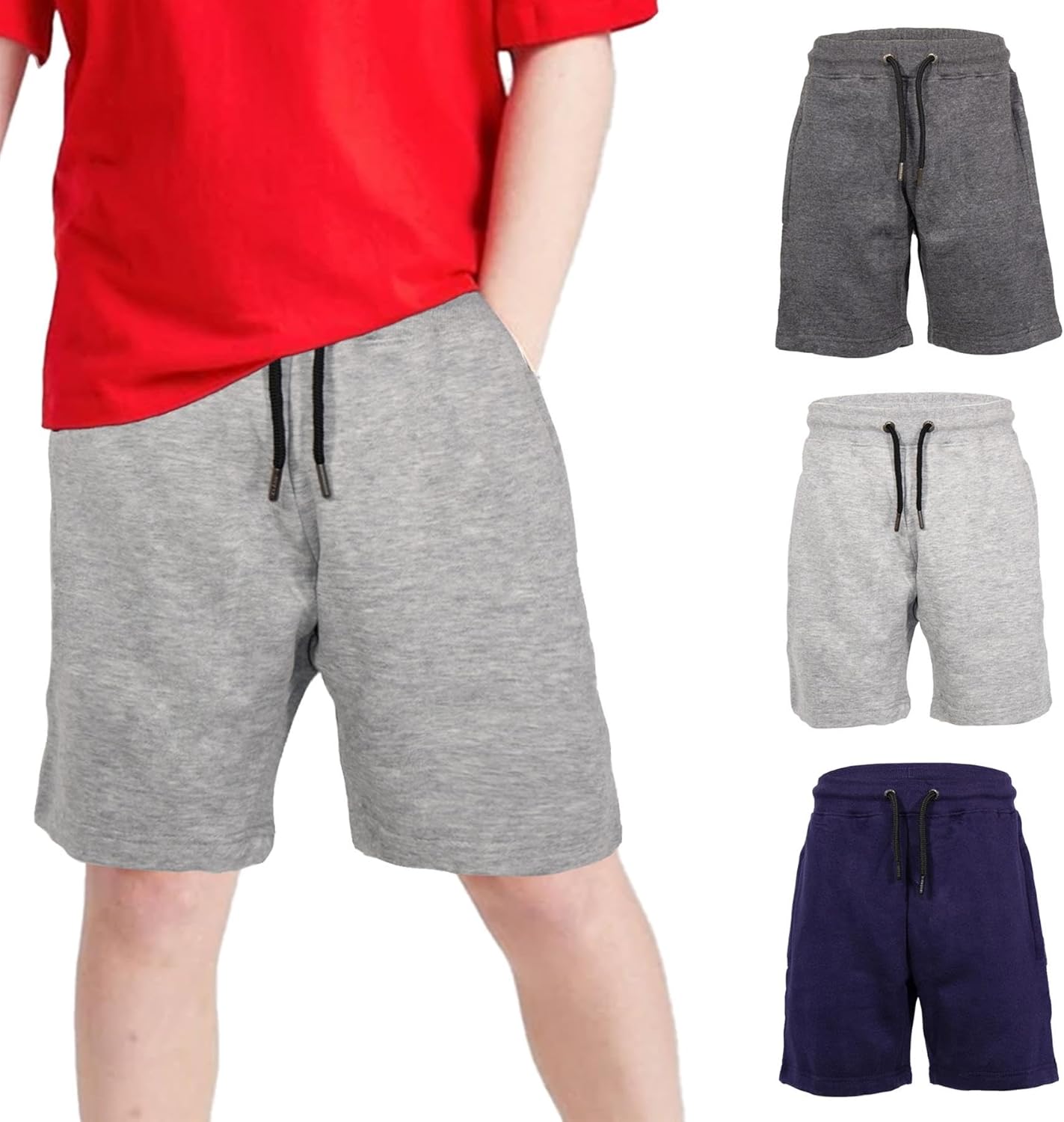 Keanu 3 Pack Boys Regular Fit Fleece Shorts with Zip Pockets, Elastic Waistband, and Drawstring – Sizes 5-14 Years - Black and Dark Assorted Colours